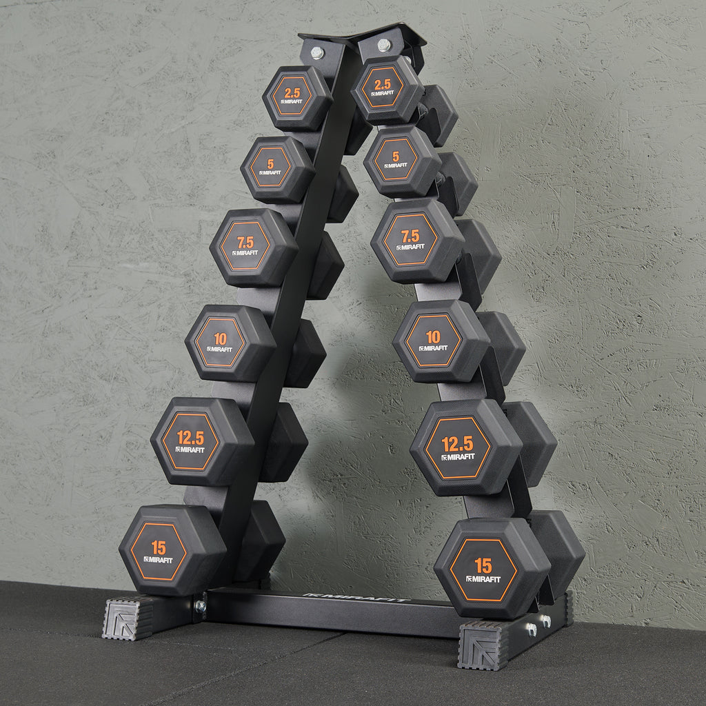 Mirafit 6 Pair Rubber Grip Hex Dumbbells + Storage Tree Kit