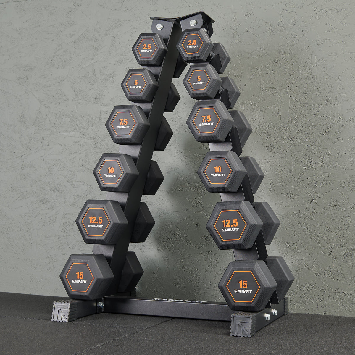 Mirafit 6 Pair Rubber Grip Hex Dumbbells + Storage Tree Kit