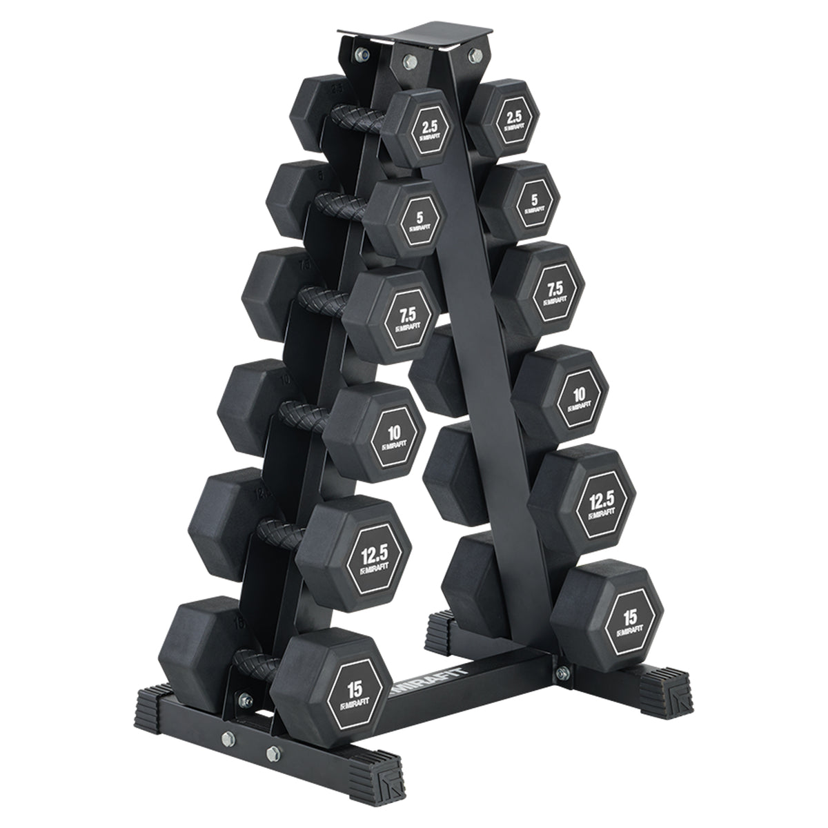 Mirafit 6 Pair Rubber Grip Hex Dumbbells + Storage Tree Kit