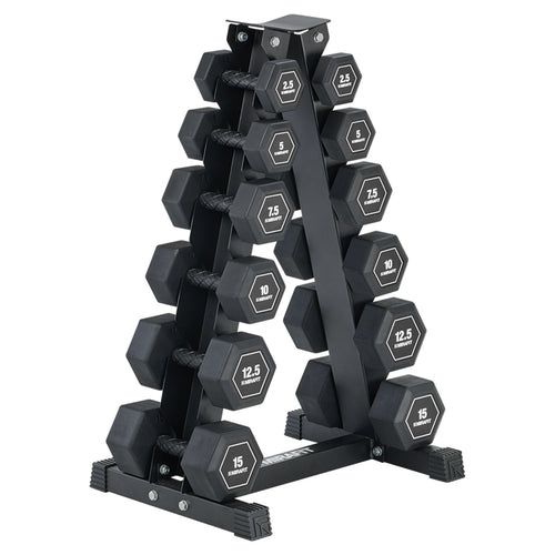 Mirafit 6 Pair Rubber Grip Hex Dumbbells + Storage Tree Kit
