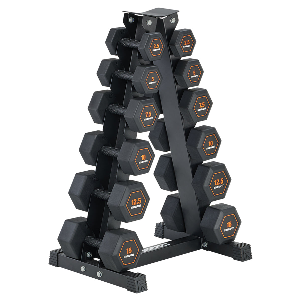 Mirafit 6 Pair Rubber Grip Hex Dumbbells + Storage Tree Kit