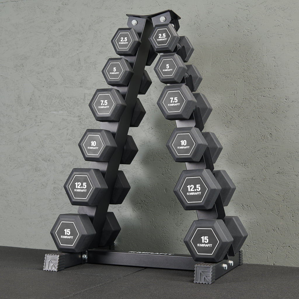 Mirafit 6 Pair Rubber Grip Hex Dumbbells + Storage Tree Kit
