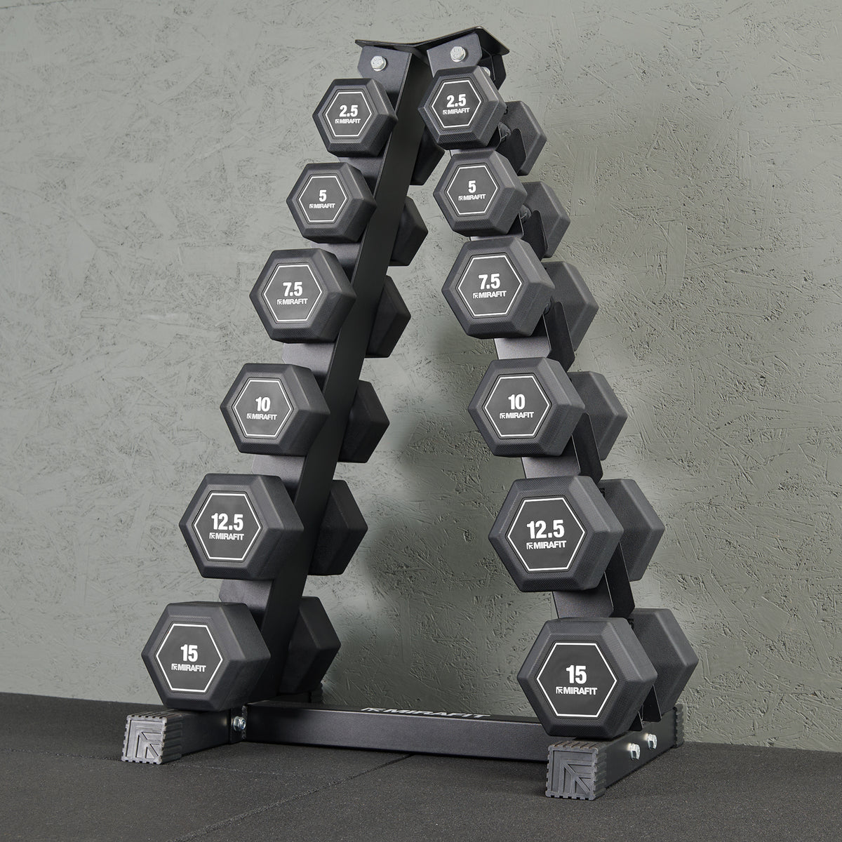 Mirafit 6 Pair Rubber Grip Hex Dumbbells + Storage Tree Kit
